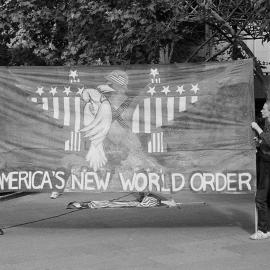 "America's new world order" banner at the second Persian Gulf war protest march, 25 January 1991.
