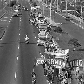 Hiroshima Day march from Frankston to Melbourne, 1975 - Stop Uranium banner.