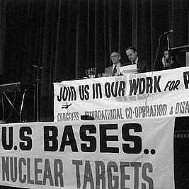 Banners at the Hiroshima Day rally held at the Collingwood Town Hall.
