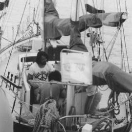 Rolf Heimann preparing his yacht La Flor to sail into anti-nuclear test site at Mururoa.