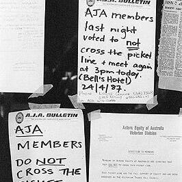 Posters at HSV7 workers strike, April 1987.