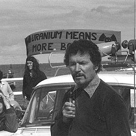 George Coote  at U.S.S. Truxtun protest, Station Pier, September 1976