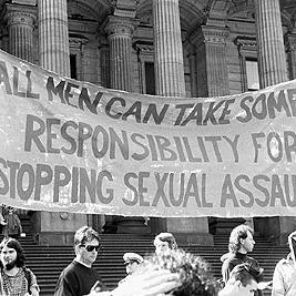 "All men can take some responsibility for stopping sexual assault" banner at Men Against Sexual Assault rally, 1st September 1990.