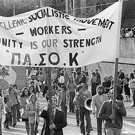May Day march in Melbourne 1975 with banner.
