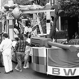Float at the People for Nuclear Disarmament Palm Sunday Rally, April 1990.