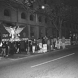 Protest against the visit to Australia of the U.S. Secretary of Defence, Dick Cheney, outside the Hyatt Hotel.