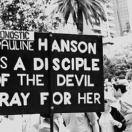 Anti-racism rally and march through Melbourne, 8th December 1996 - 'Pauline Hanson' banner.