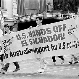 "US hands off El Salvador" banner at El Salvador march to U.S. consulate offices, November 1990.