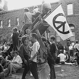 Peace flag at Persian Gulf war protest march, 18 January 1991.