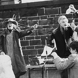 Street theatre at anti-U.S. military bases demonstration outside Army Barracks, St Kilda Road, 1988