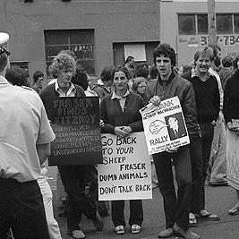 Anti Malcolm Fraser protest - banners.