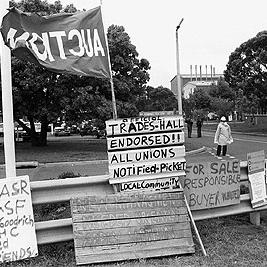 Picket line at Hoechst chemical plant, 23rd October 1990.