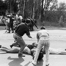 Police and protestors clash at the Australian International Defence and Equipment Exhibition (AIDEX) protest, Canberra, 26 November 1991.