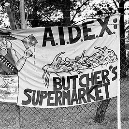 "AIDEX: butcher's supermarker" banner at the Australian International Defence and Equipment Exhibition (AIDEX) protest, Canberra, 26 November 1991.