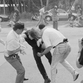 Police and protestors clash at the Australian International Defence and Equipment Exhibition (AIDEX) protest, Canberra, 26 November 1991.