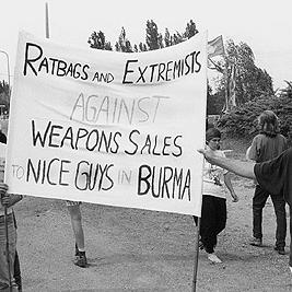 "Ratbags and extremists against weapons sales to nice guys in Burma" banner at the Australian International Defence and Equipment Exhibition (AIDEX) protest, Canberra, 26 November 1991.