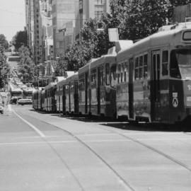 Trams block Bourke Street during the Tram Conductors' Strike, December 1989.