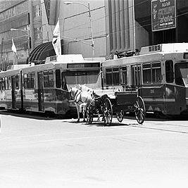 Trams block Bourke Street during the Tram Conductors' Strike, December 1989.