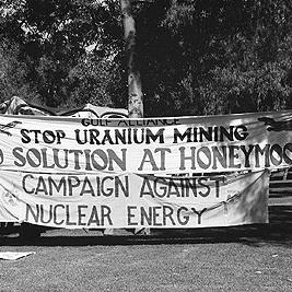 Honeymoon uranium mine rally, May 1982 - 'Campaign Against Nuclear Energy' banner.