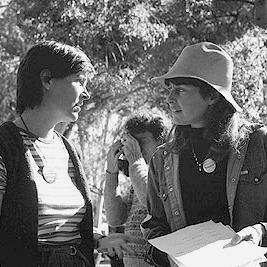 Pat Jessen and Elly Fricker at the Honeymoon uranium mine rally, May 1982.