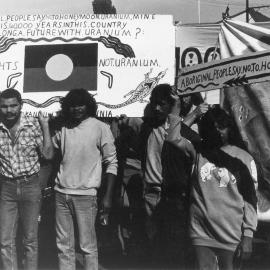 Honeymoon uranium mine rally, May 1982 - Koori protest group and banner.