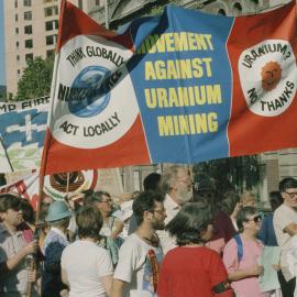 Palm Sunday Rally, Movement Against Uranium Mining (MAUM) banner, 1988