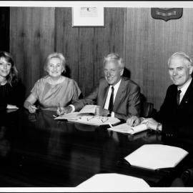Amalgamations. At the signing of the Hawthorn Institute of Education agreement are, from left, unknown female, Dr June Hearn, Director...