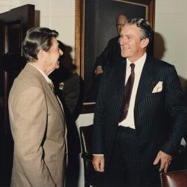 Prime Minister Malcolm Fraser speaking with the President of the United States Ronald Reagan during his official visit to Washington USA in May 1982.