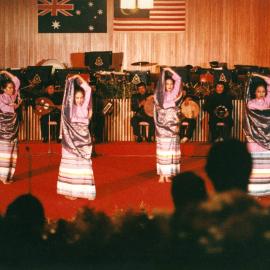 Malaysian dancers and musicians performing at an official dinner for Prime Minister Malcolm Fraser in Kuala Lumpur, Malaysia.