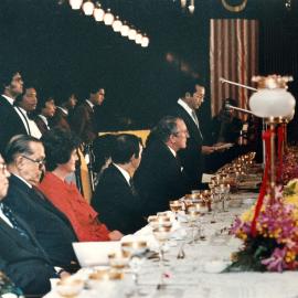 The Prime Minister of Malaysia Mahathir Mohamad presenting an address at an official dinner for Prime Minister Malcolm Fraser in Kuala Lumpur, Malaysia.