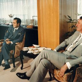 Malcolm Fraser and the Malaysian Prime Minister Mahathir Mohamad meeting together in Kuala Lumpur, Malaysia.