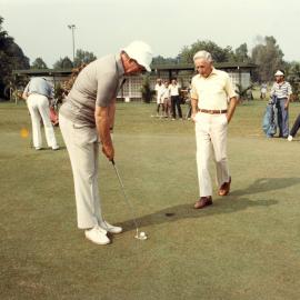 Malcolm Fraser playing golf in Kuala Lumpur during his visit to Malaysia in August 1982.