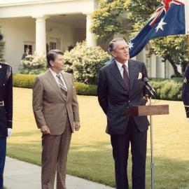 Malcolm Fraser speaking at the White House during an official visit to Washington USA.