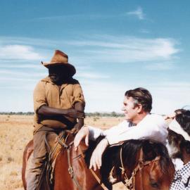 Malcolm Fraser and two Aboriginal Australian stockmen at Haasts Bluff Station [?] in the Northern Territory.