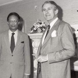 Malcolm Fraser with the Prime Minister of Barbados the Rt Hon John Michael Geoffrey Manningham Adams at the Commonwealth Heads of Government Meeting in Melbourne.