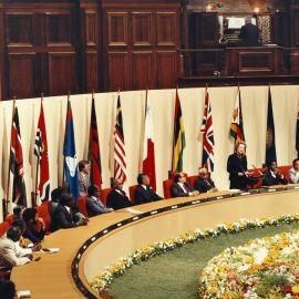 The Prime Minister of Britain Mrs Margaret Thatcher addressing the Commonwealth Heads of Government Meeting in the Melbourne Town Hall.
