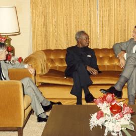Malcolm Fraser and the Minister for Foreign Affairs Tony Street  talking with the President of Tanzania Julius Nyerere at the Commonwealth Heads of Government Meeting in Melbourne.
