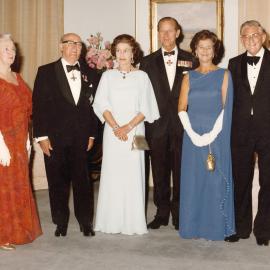Queen Elizabeth II and the Duke of Edinburgh with the Governor of Tasmania and the Premier of Tasmania in Hobart during their 1977 official visit to Australia.