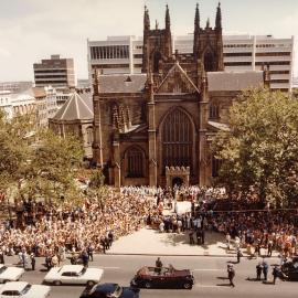Queen Elizabeth II greeting senior clergy outside St Andrew's Anglican Cathedral Sydney during her 1977 official Australian visit.