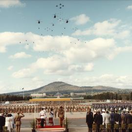 A parade of Australian Military Forces viewed from the steps of Old Parliament House Canberra in 1977.