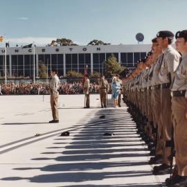 Queen Elizabeth II inspecting a line of Australian troops at Launceston Tasmania during her 1977 official Australian visit.