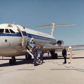Queen Elizabeth II alighting from a Royal Air Force aircraft in Launceston, Tasmania, during her 1977 official Australian visit.