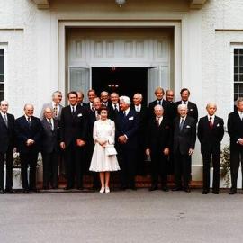 Malcolm Fraser, Queen Elizabeth II, the Governor-General and members of Parliament standing outside Government House in Canberra.