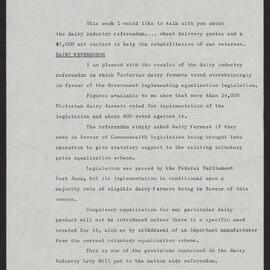 Dairy referendum, wheat delivery quotas, rehabilitation of war veterans