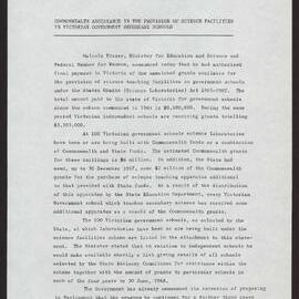 Commonwealth assistance in the provision of science facilities in Victorian Government Secondary schools