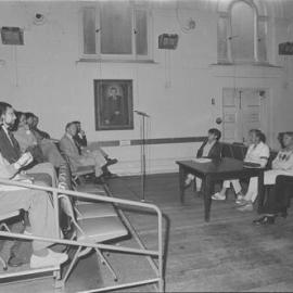 Sir Michael Tippett talking to students in Faculty of Music