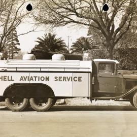 A Shell Aviation Service Ford Sussex pump tanker at an unknown location, possibly in Melbourne