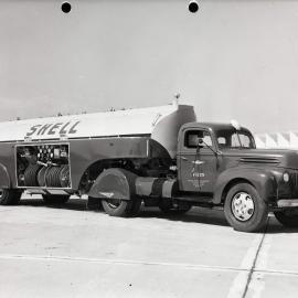 A Shell Aviation Service articulated Ford pump tanker at an unknown location, probably Melbourne