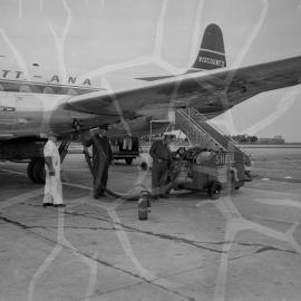 British built Ansett-ANA Vickers Viscount 11 being refuelled by Shell Australia workers on the apron of an unidentified Australian airport.
