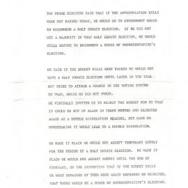Typed notes of meeting between Liberal and Labor party figures 9am 11 November 1975